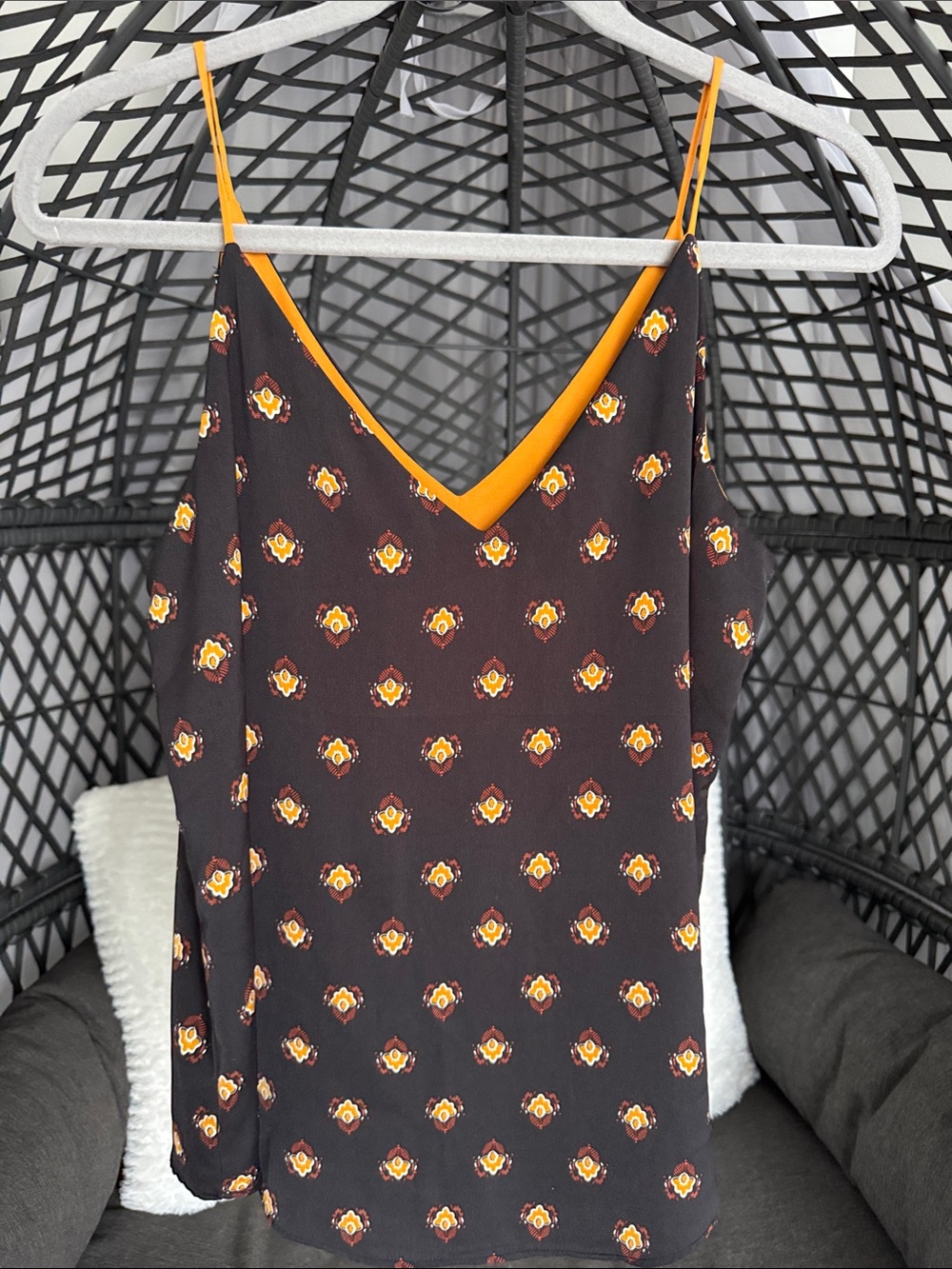Express Black Floral-Print Spaghetti-Strap Cami with Mustard Trim